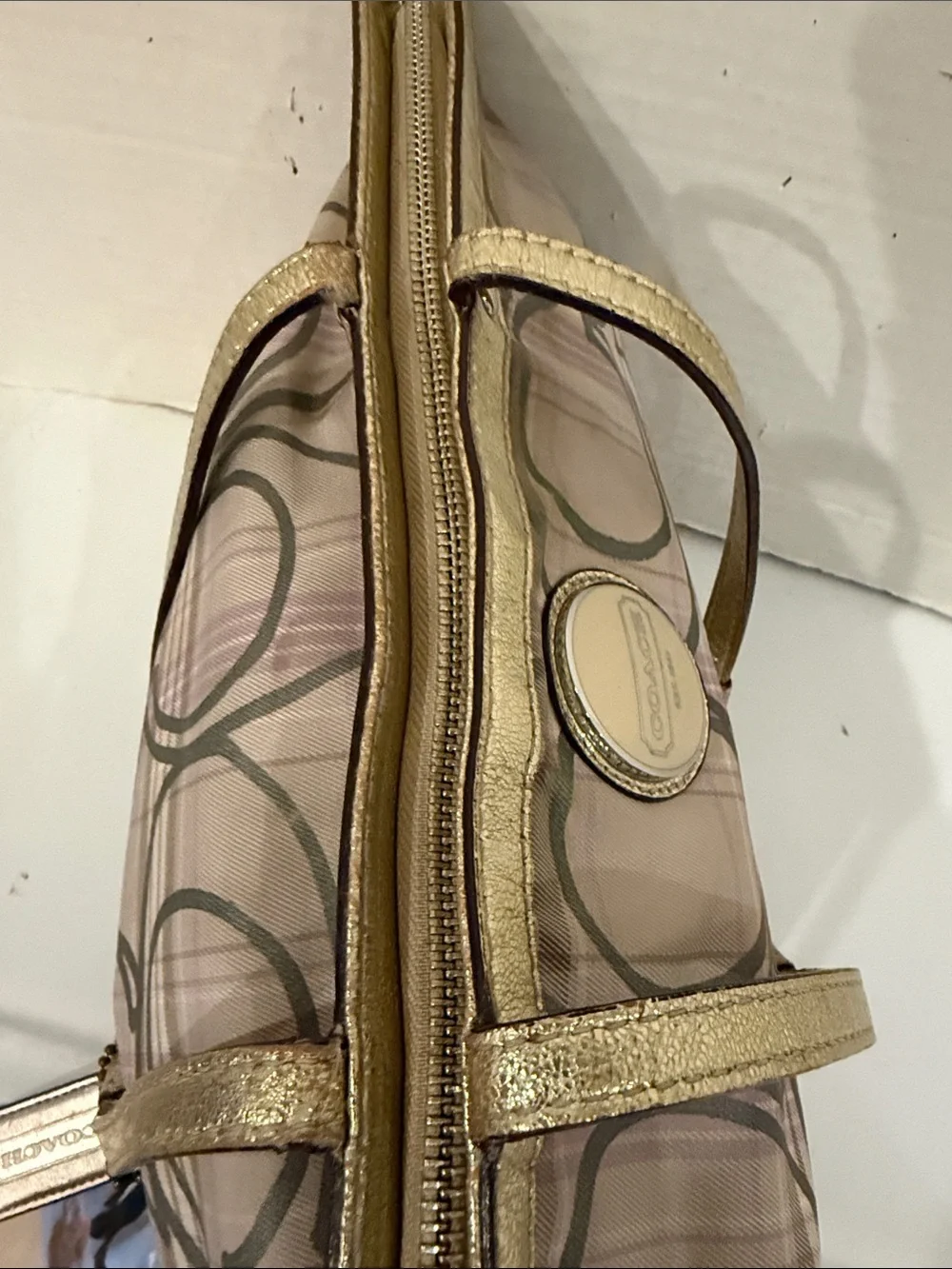 Coach Gray & Light Purple Plaid Signature Shoulder with Gold Leather Trim